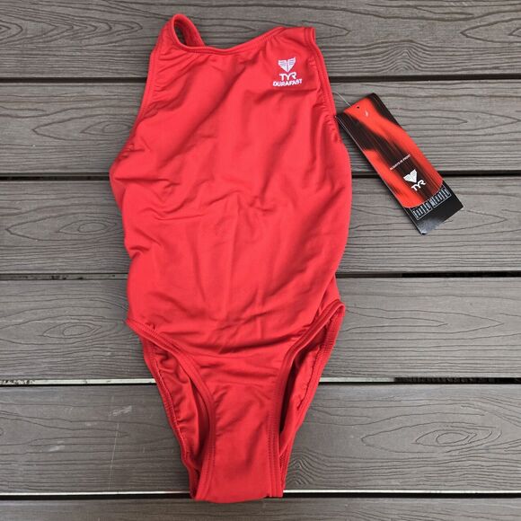 TYR Durafast YOUTH Girls Solid PowerBack 1pc Swimsuit - Red - Size 24 New - Picture 1 of 2